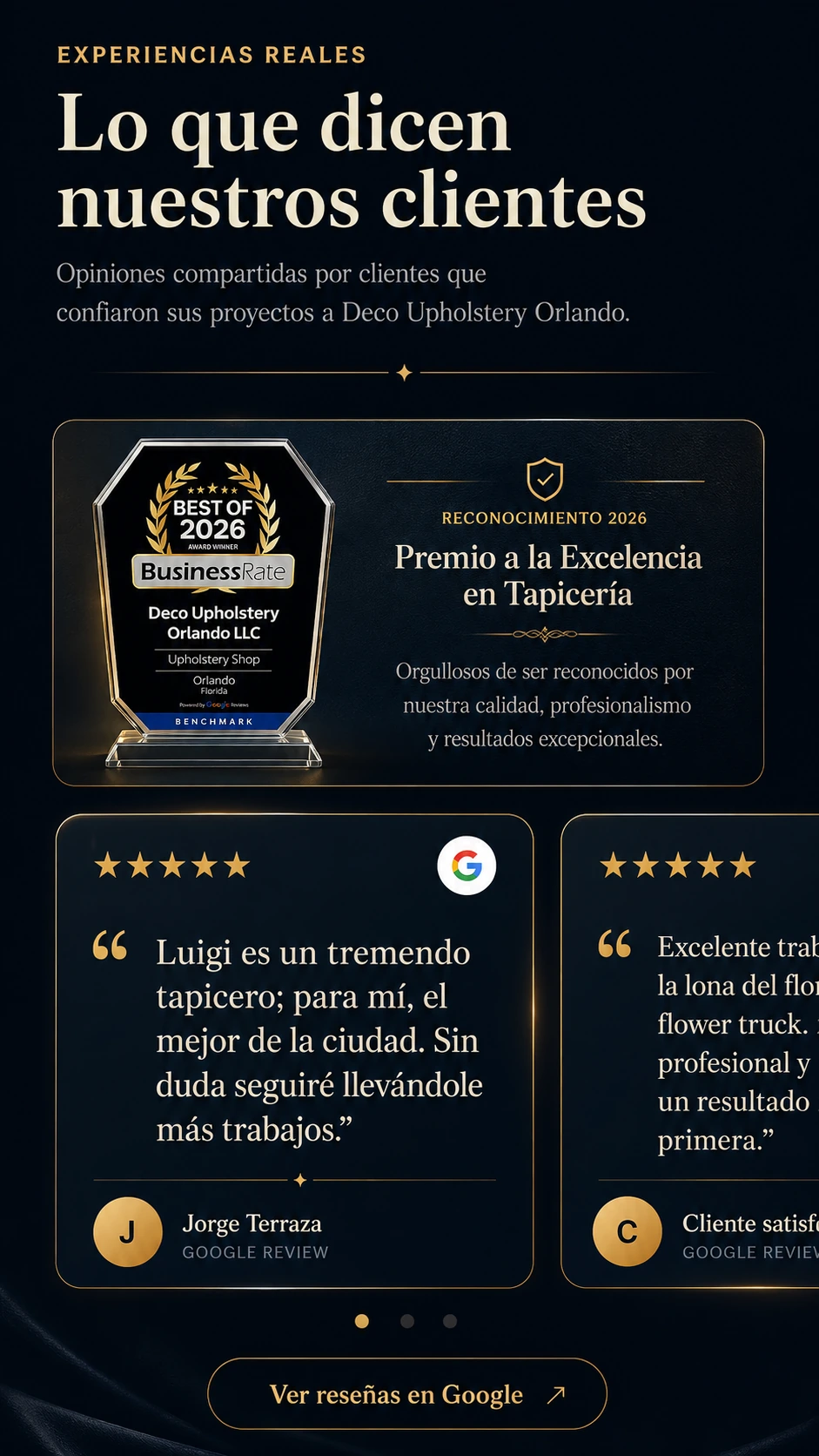 Experiencias reales, reconocimiento Best of 2026 y reseñas de clientes de Deco Upholstery Orlando